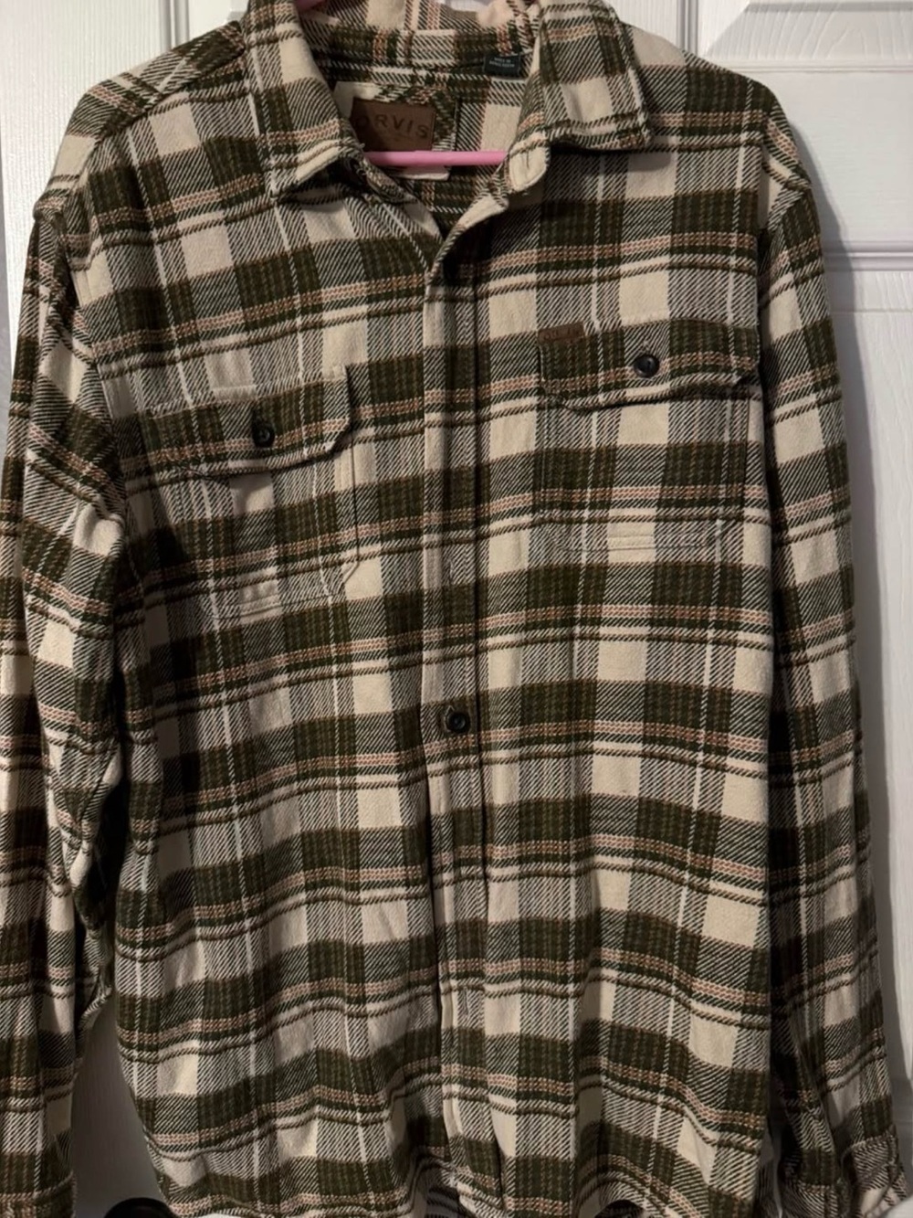 Orvis Green and Cream Plaid Button-Up heavyweight flannel